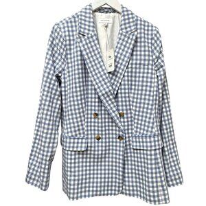 Free Assembly Double Breasted Blazer Large Blue Gingham Check Organic Cotton NWT